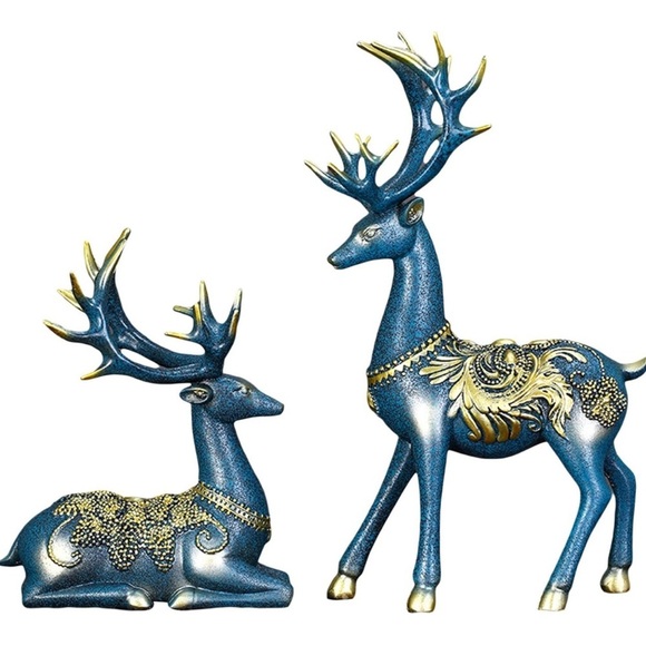 2 Pc Elk Deer Blue Holiday Decor Statues - Picture 11 of 12